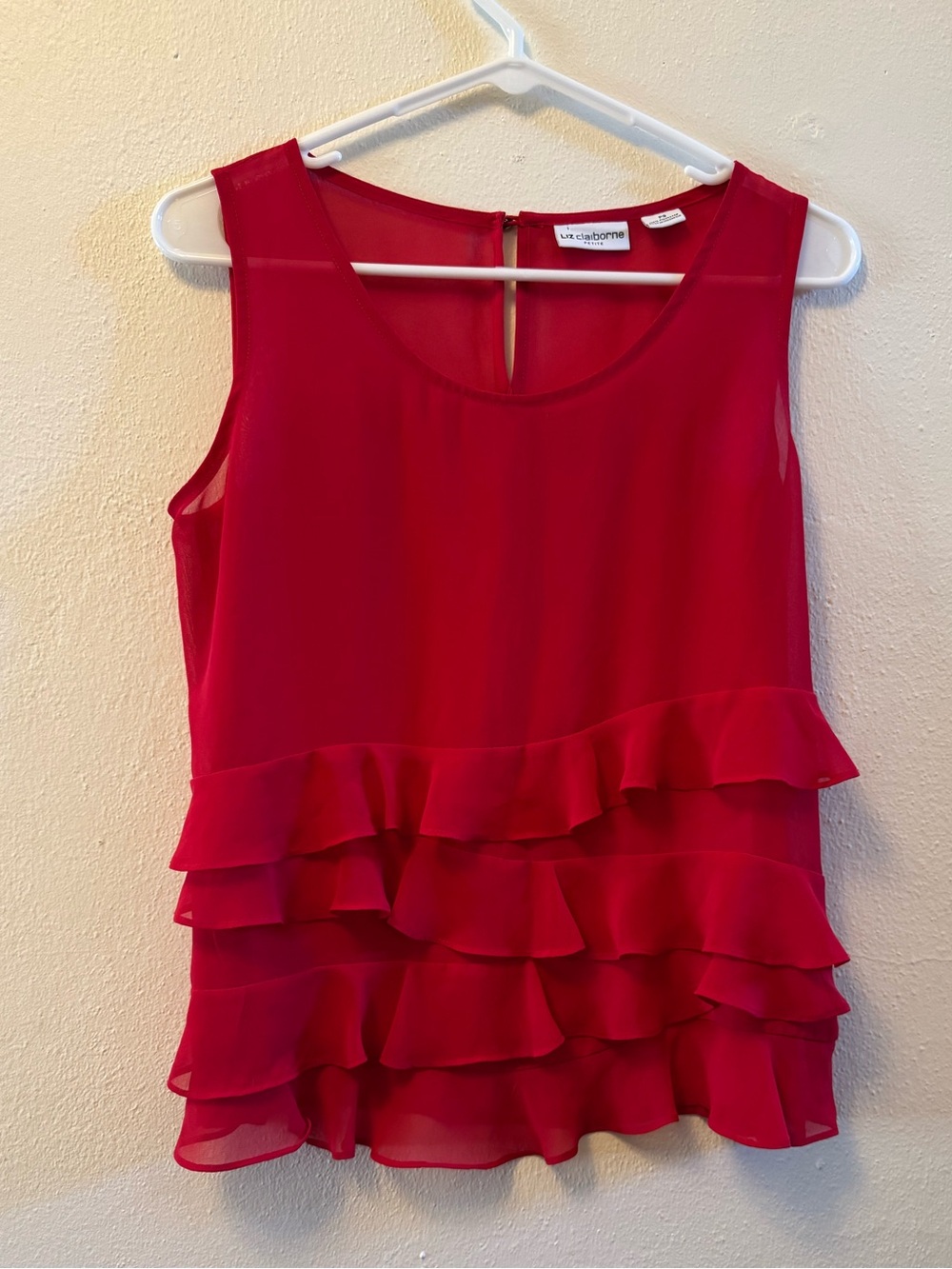 Liz Claiborne Red Sheer Tiered Ruffle Tank Top Small Petite